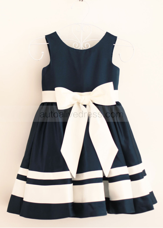 Navy Blue Ivory Satin Stripes Knee Length Flower Girl Dress